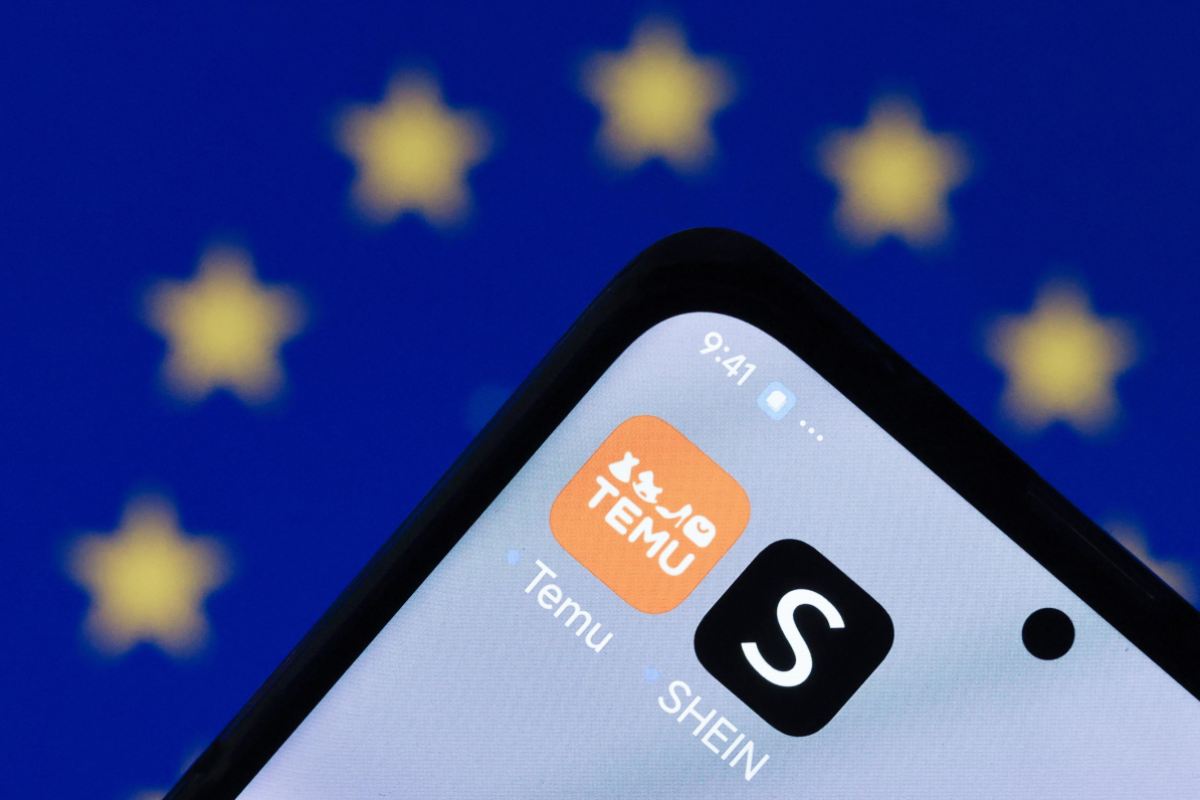 App temu e shein con sfondo della bandiera europea